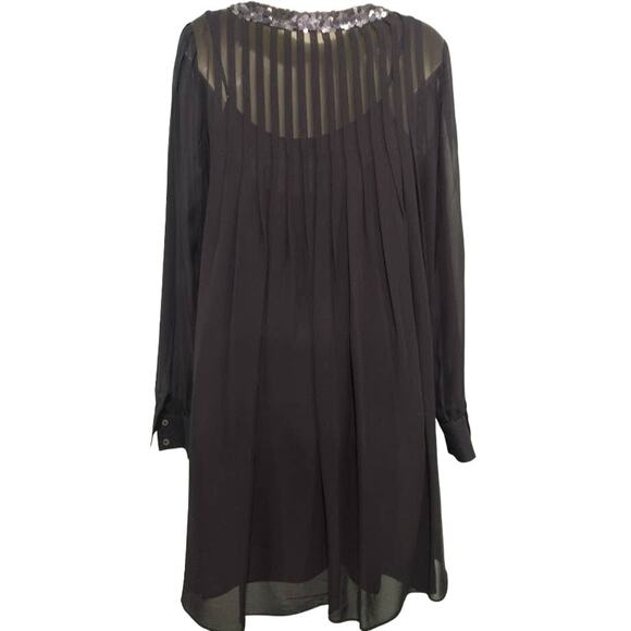 Theory Silk Long Sleeve Babydoll Dress, Sequin Neck, Sheer Sleeves, Blk, Sz 10 - Picture 4 of 7